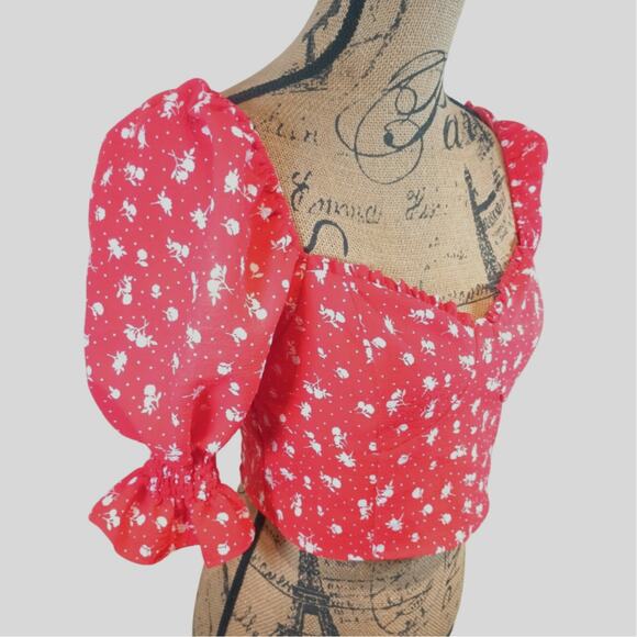 DIVIDEND by H&M Red White Floral Crop Top Blouse Puff Ruffle Sleeve Medium - Picture 1 of 8